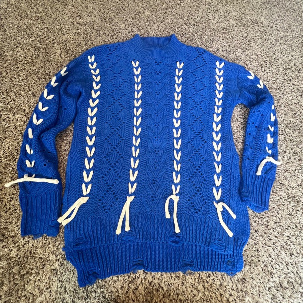 mod x Royal Blue Lace‎ Up Distressed Knit Mock Neck Sweater